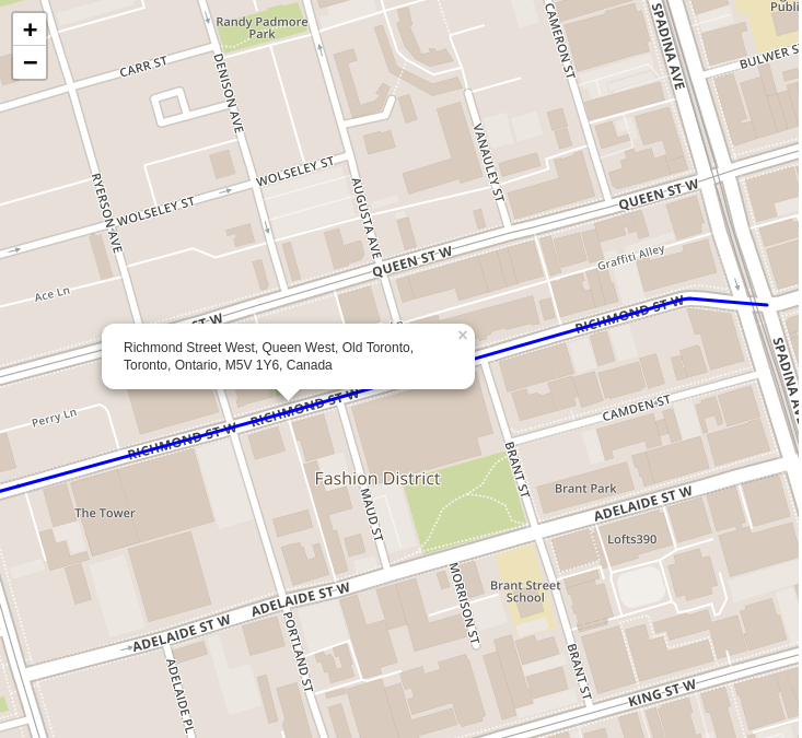 A map showing Toronto's Richmond St. West at Spadina. Richmond is highlighted in blue. A tooltip shows information about the highlighted portion of Richmond.