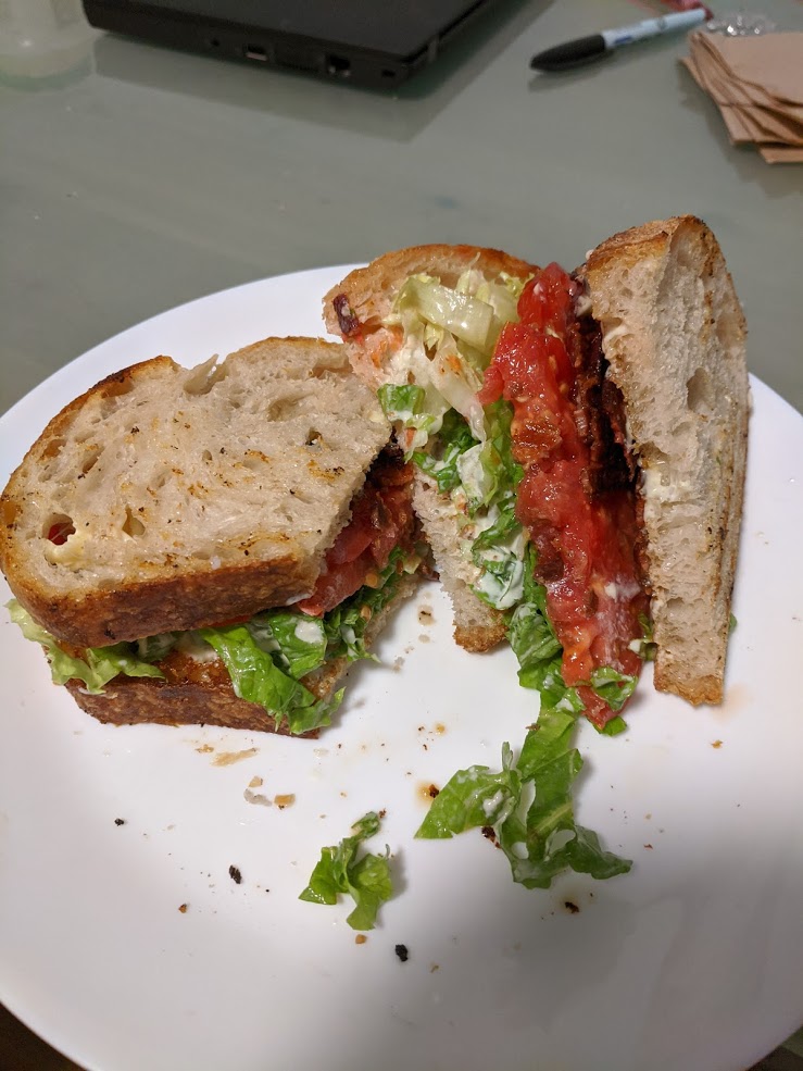 September 18, 2020. Home grown beefsteak tomatoes and sourdough bread BLT. Yeah, a softer bread probably would have been better.